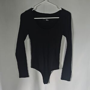 Aerie Black Ribbed Long Sleeve Scoop Neck Bodysuit Medium Snap Closure Staple